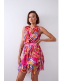 Light patterned dress with a belt, pink and dark blue 03040 - Online store - Boutique